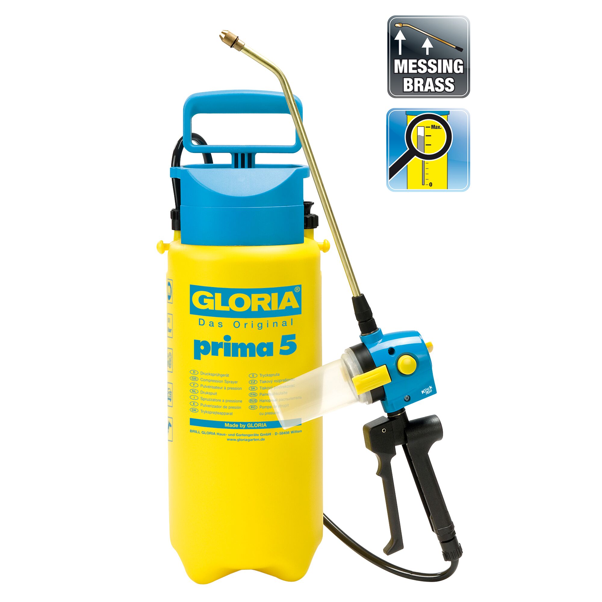 Gelbes Drucksprühgerät mit blauer Düse von Gloria prima 5