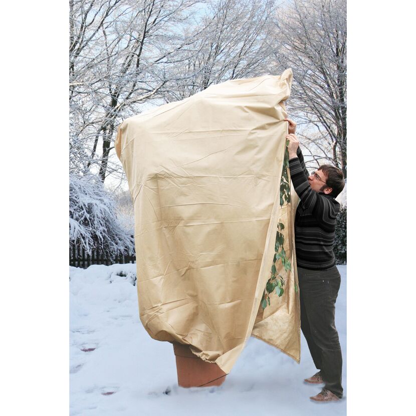 Person deckt eine Pflanze mit einer Vlieshaube zum Winterschutz ab.