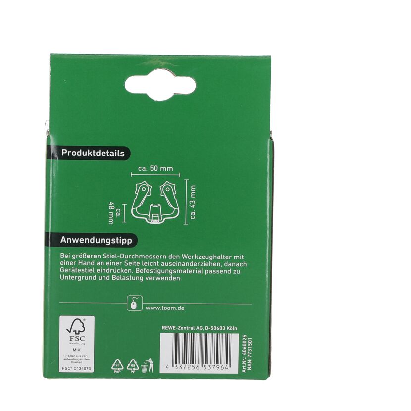 Grüne Verpackung eines Gerätehalters von Toom.