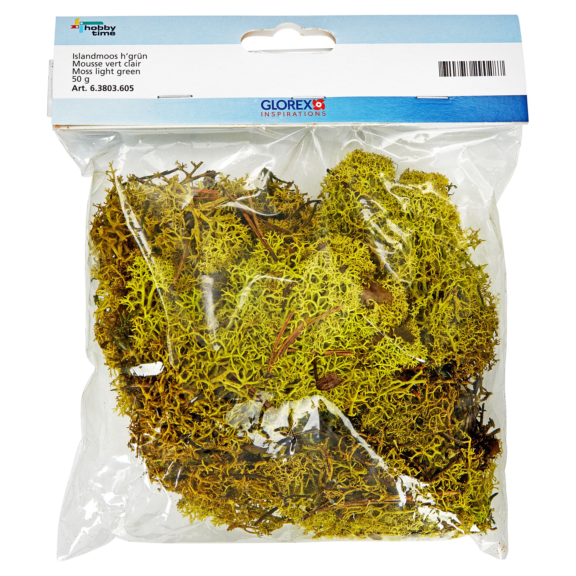 Hellgrünes Islandmoos in einer durchsichtigen Verpackung.