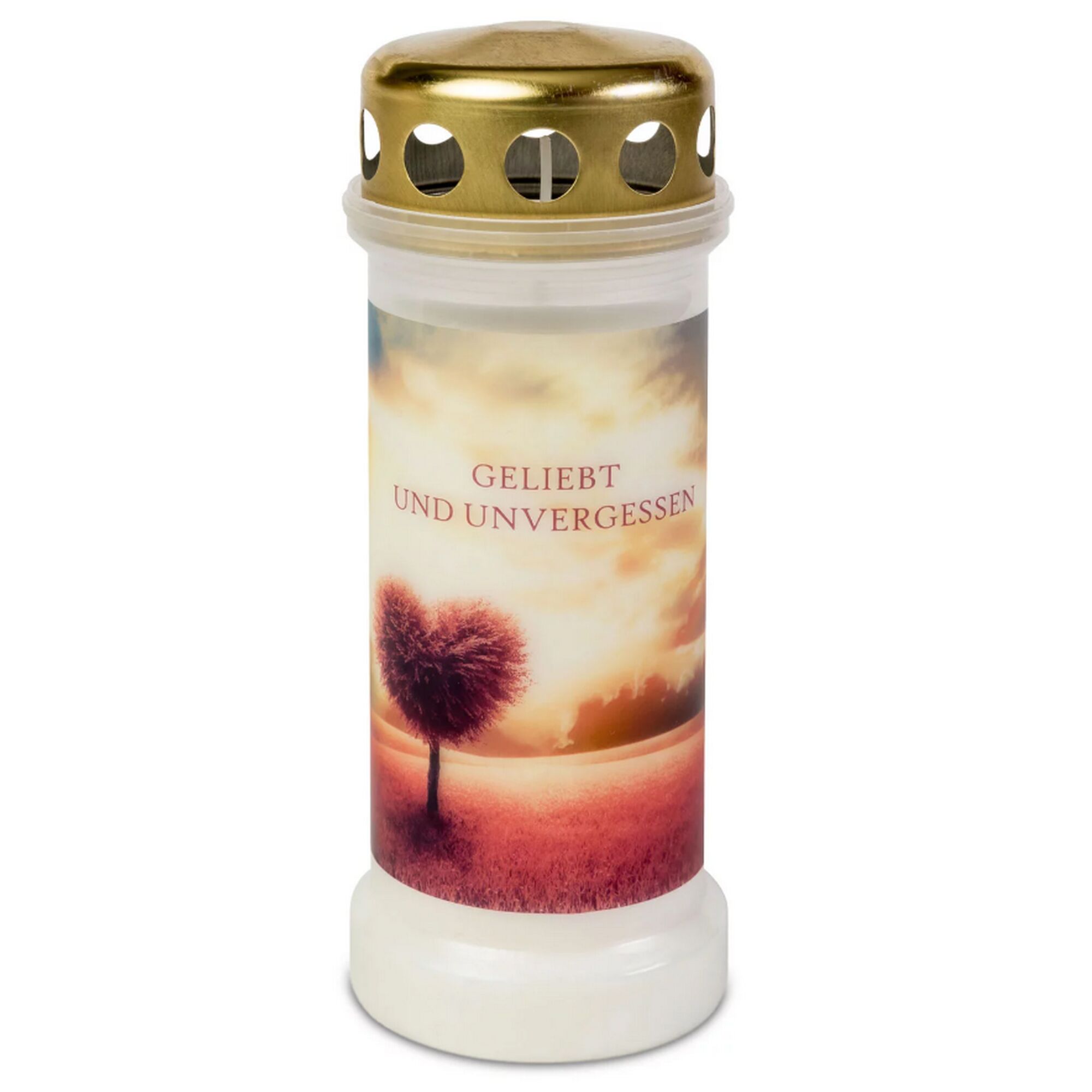 Grabkerze mit Aufschrift 'Geliebt und unvergessen' und Herzbaum.