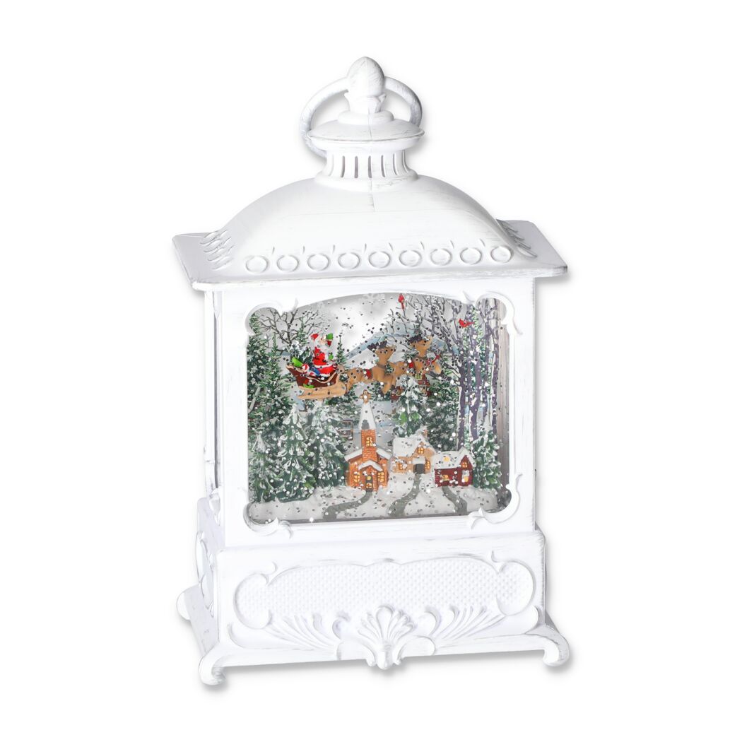 Weiße Weihnachtslaterne mit Weihnachtsmann im Schlitten