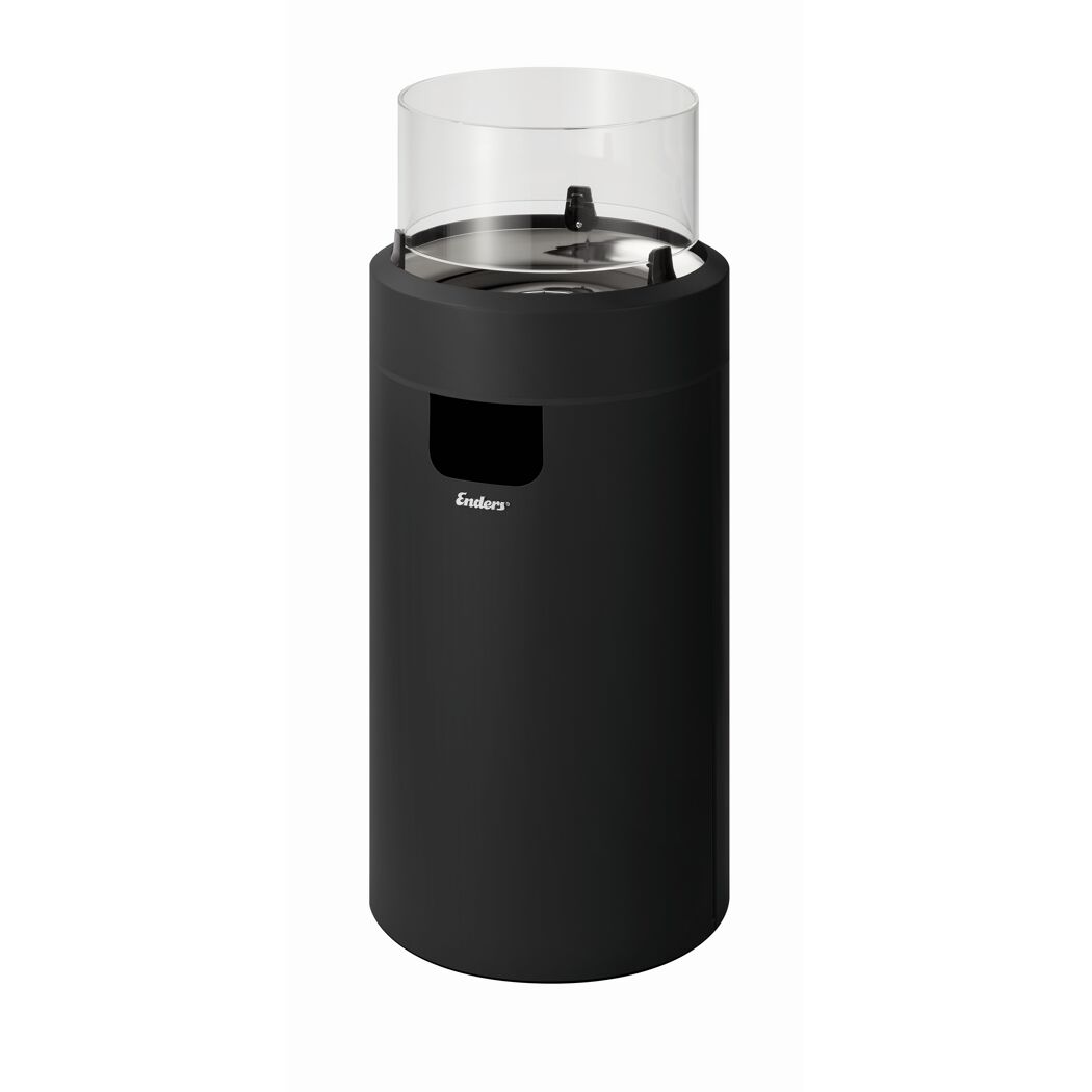 Schwarze Gas-Feuerstelle mit Glaszylinder.