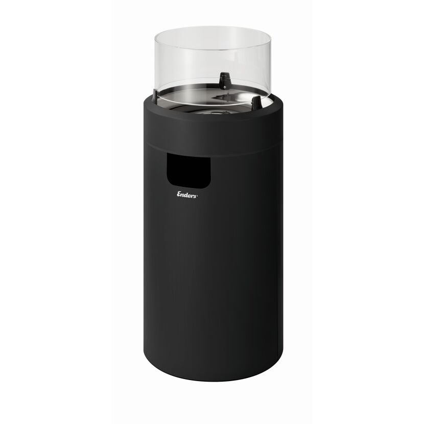 Schwarze Gas-Feuerstelle mit Glaszylinder.