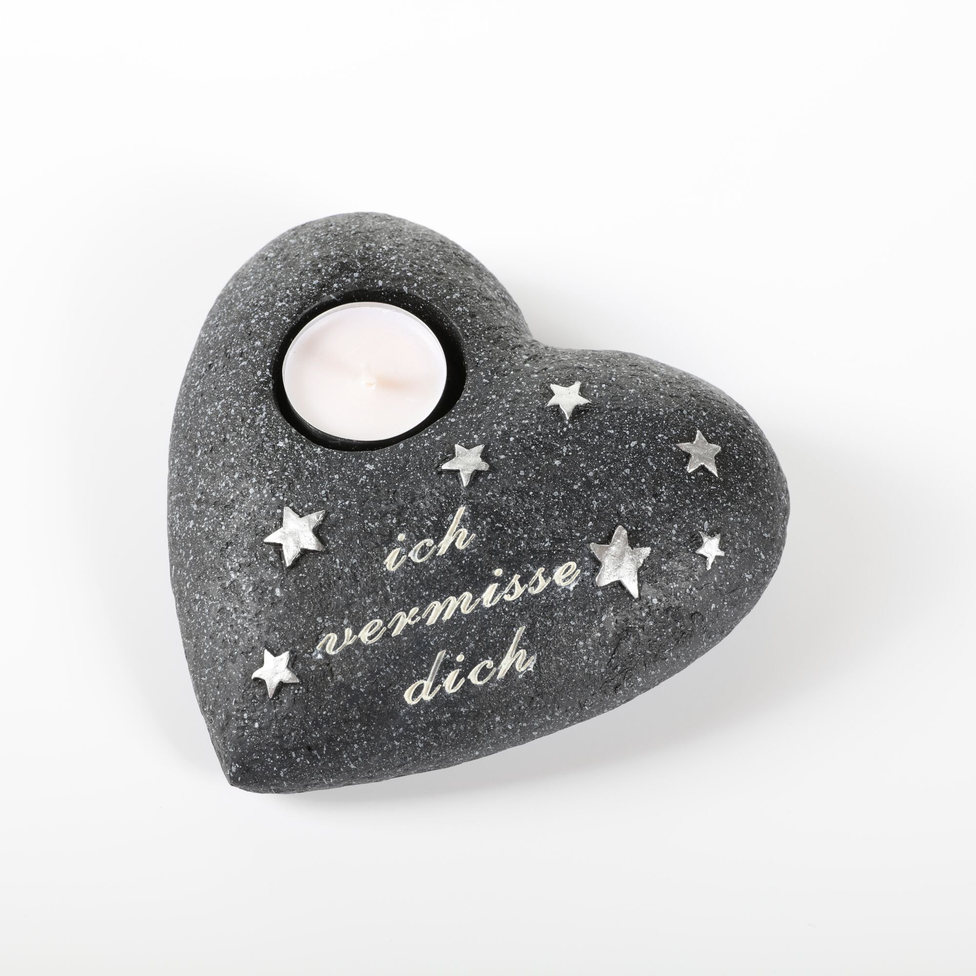Herzförmige Grabdeko mit Teelicht und Aufschrift 'Ich vermisse dich'