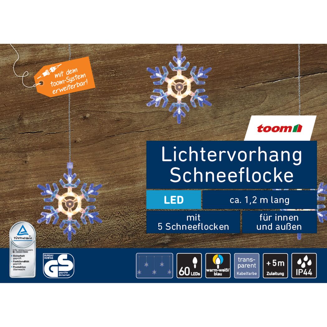LED Lichtervorhang Schneeflocke, 1,2 m lang, für innen und außen