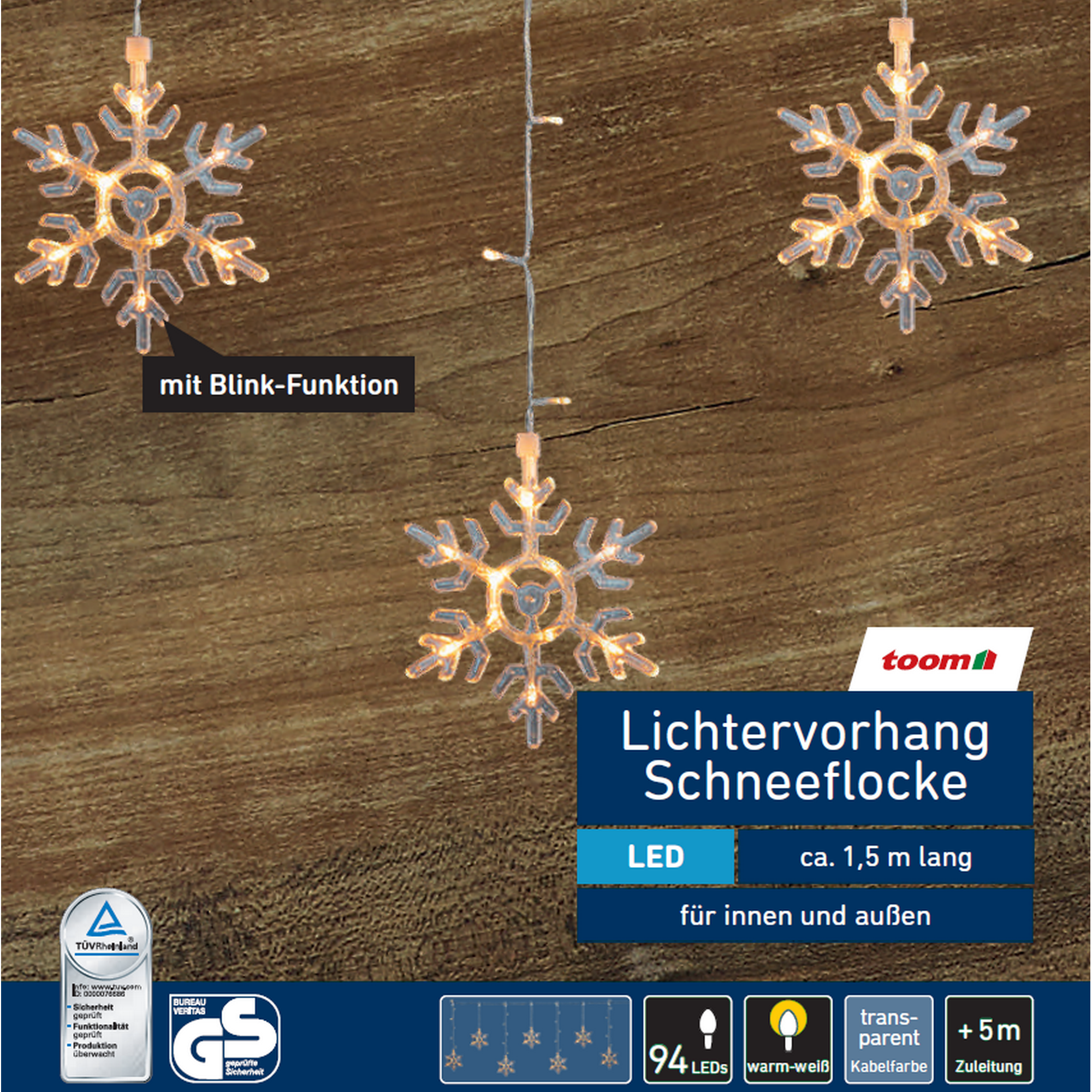 LED-Lichtervorhang 'Schneeflocke' 94 LEDs warmweiß 150 cm + product picture