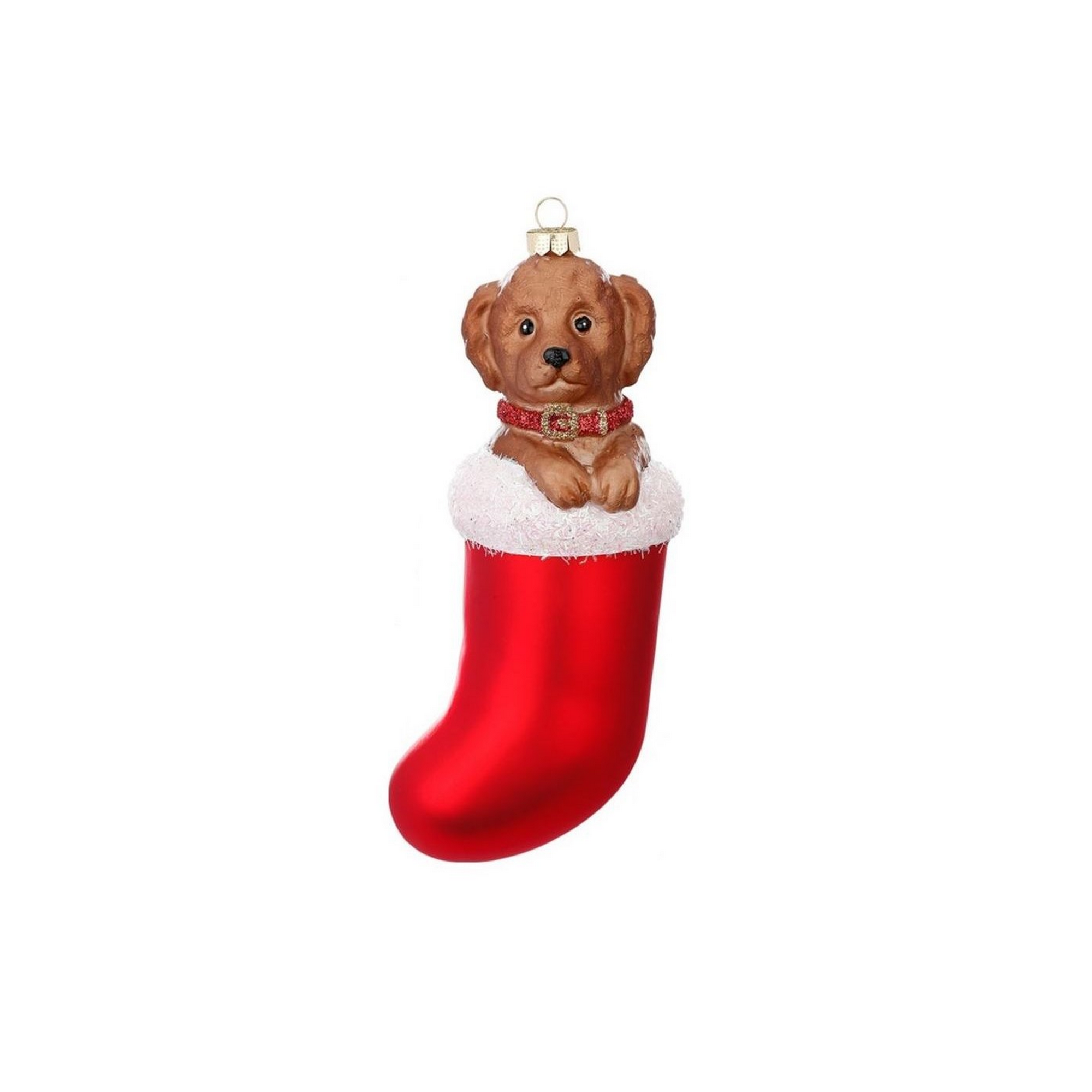 Christbaumschmuck Hund in Weihnachtsstrumpf braun/rot 14 cm + product picture