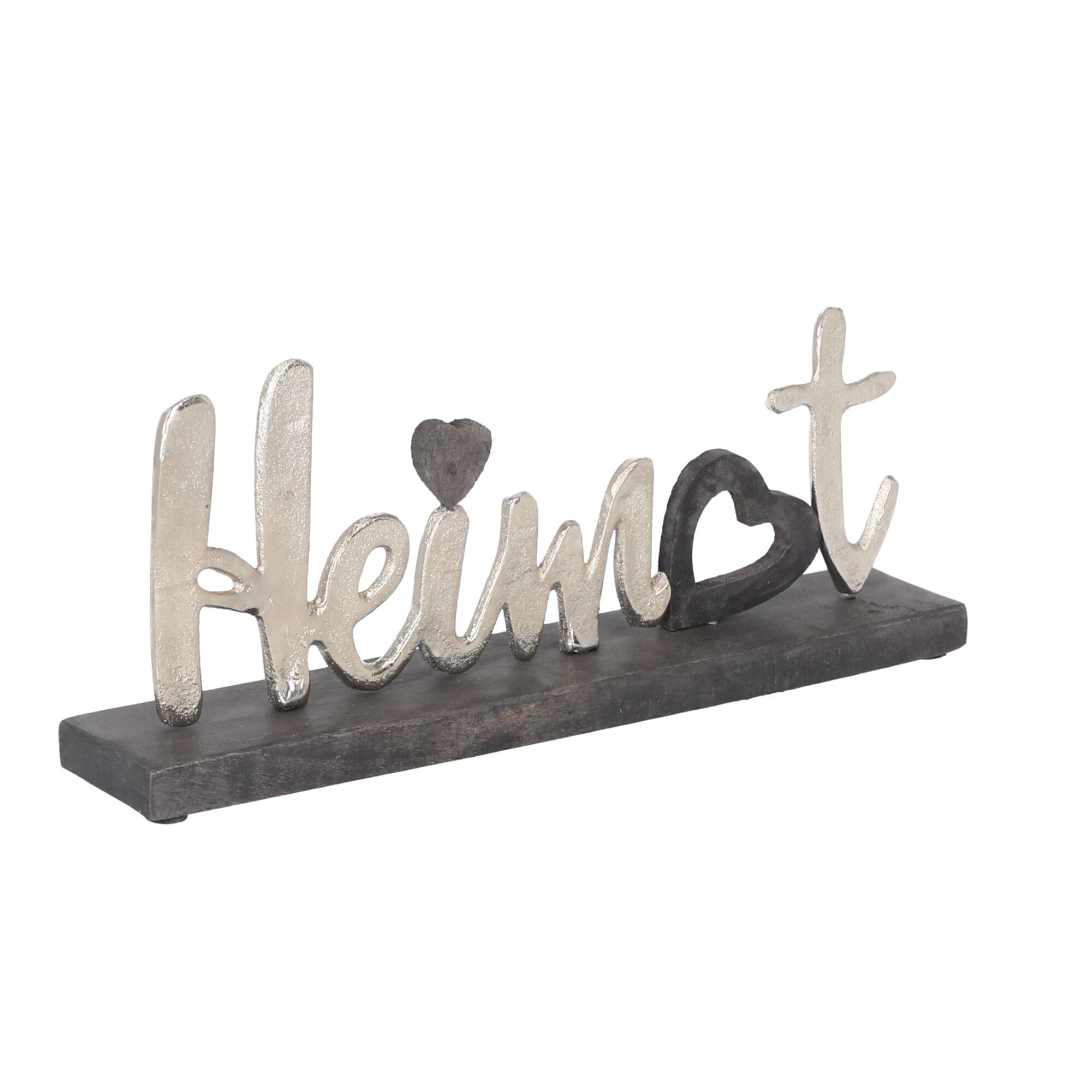 Dekoschriftzug "Heimat" aus Metall auf Holzsockel.