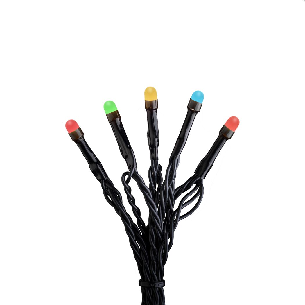 Bunt leuchtende Lichterkette mit schwarzem Kabel