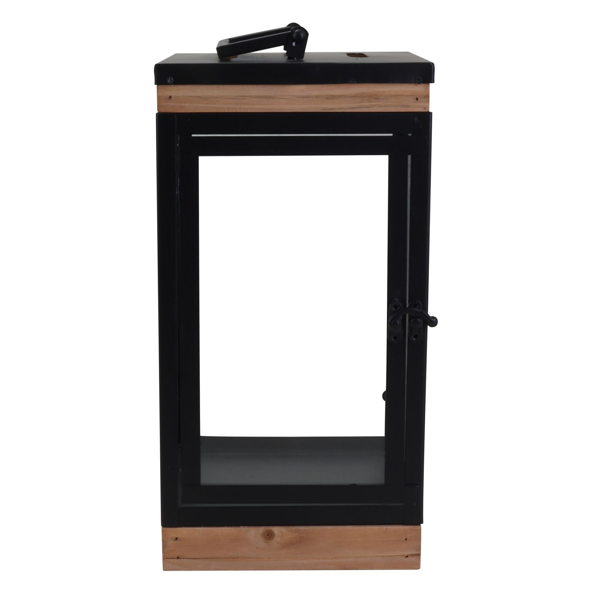 Schwarze Laterne mit Holzrahmen und Tragegriff