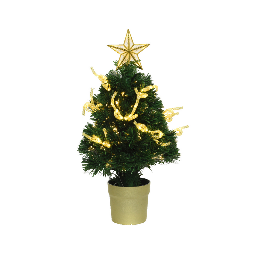 Beleuchteter künstlicher Weihnachtsbaum mit goldenem Stern und Schleifen.