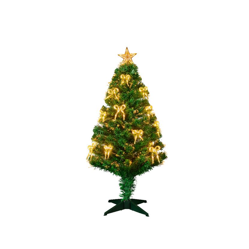 Beleuchteter künstlicher Weihnachtsbaum mit goldenen Schleifen und Stern