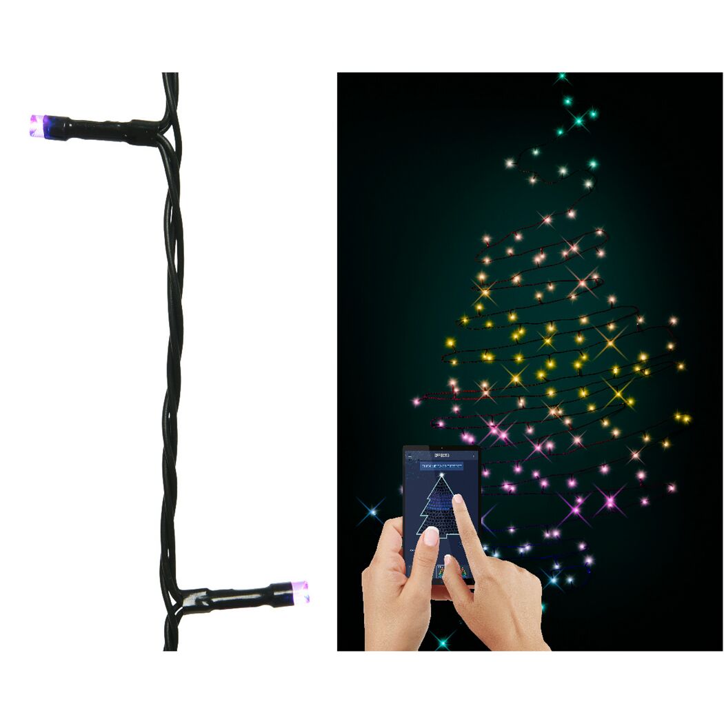 Schwarze LED-Lichterkette mit App-Steuerung für verschiedene Farben und Muster.