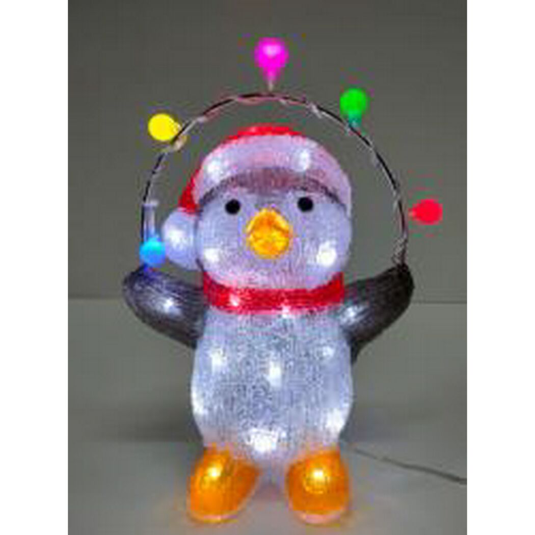 Leuchtender Acryl-Pinguin mit buntem Lichterkranz