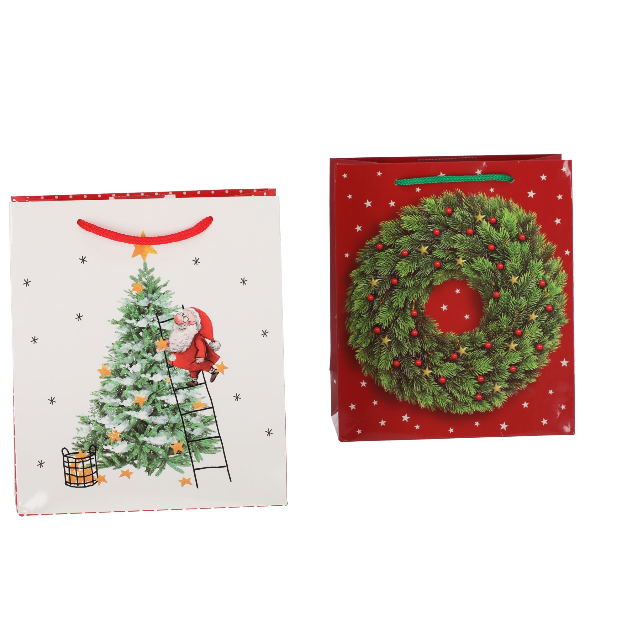 Zwei Weihnachtstüten, eine mit Weihnachtsmann, eine mit Adventskranz
