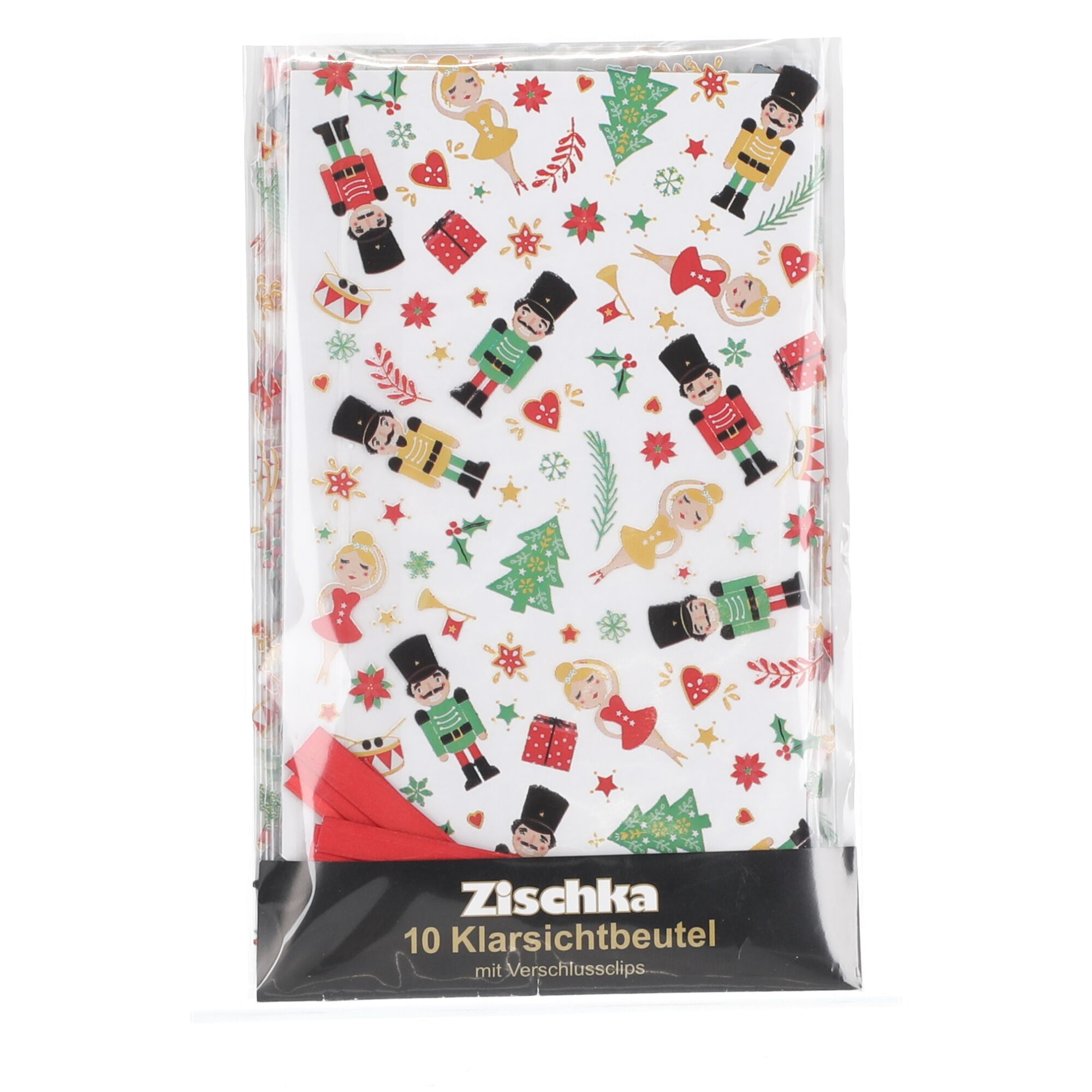 Zehn Klarsichtbeutel mit Nussknacker-Motiv und Verschlussclips