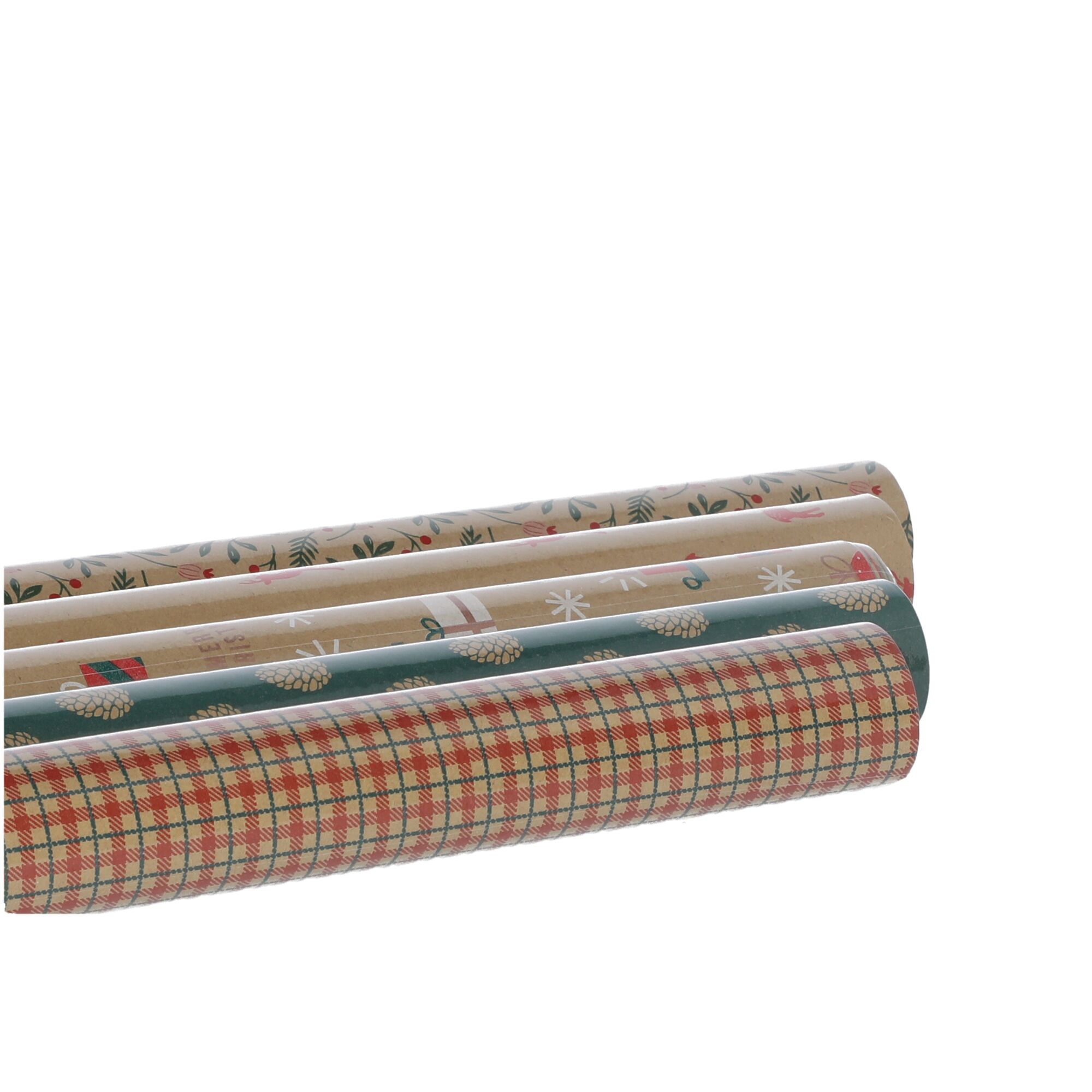 Drei Rollen Geschenkpapier mit weihnachtlichen Motiven