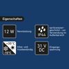 Eigenschaften: 12W Nennleistung, IP44 spritzwassergeschützt, +35°C bis -15°C, 31V DC Eingangsspannung