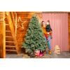 Person mit Kind an Weihnachtsbaum