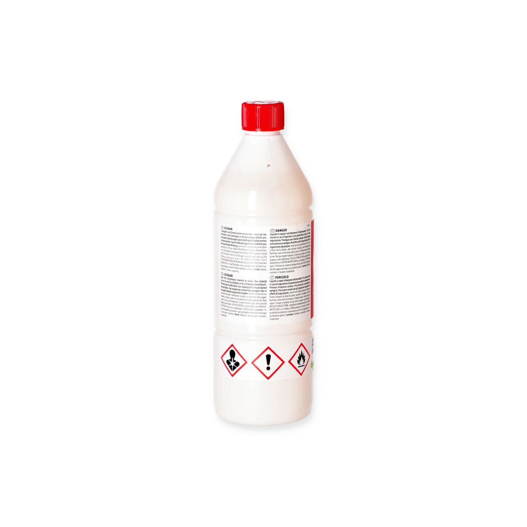 Weiße Flasche Aspen 2T Gemisch mit rotem Deckel und Gefahrenhinweisen.
