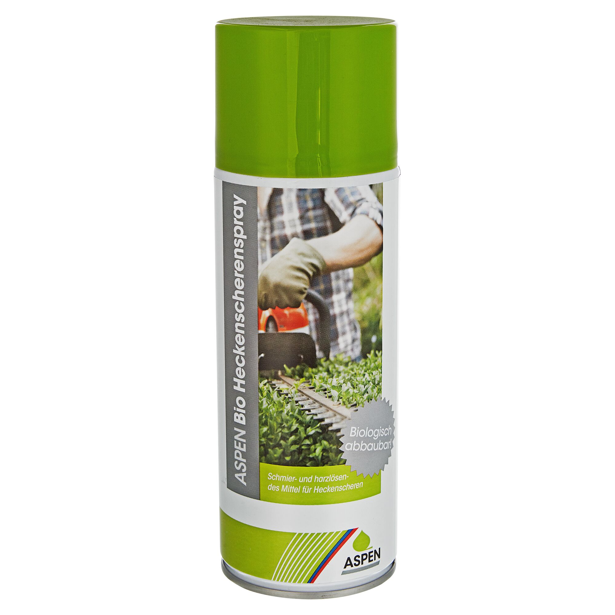 Person schmiert Heckenschere mit ASPEN Bio Heckenscherenspray
