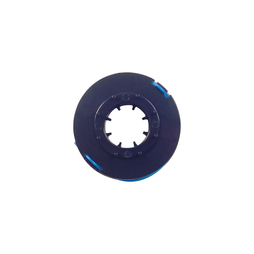 Schwarze Fadenspule mit blauem Faden