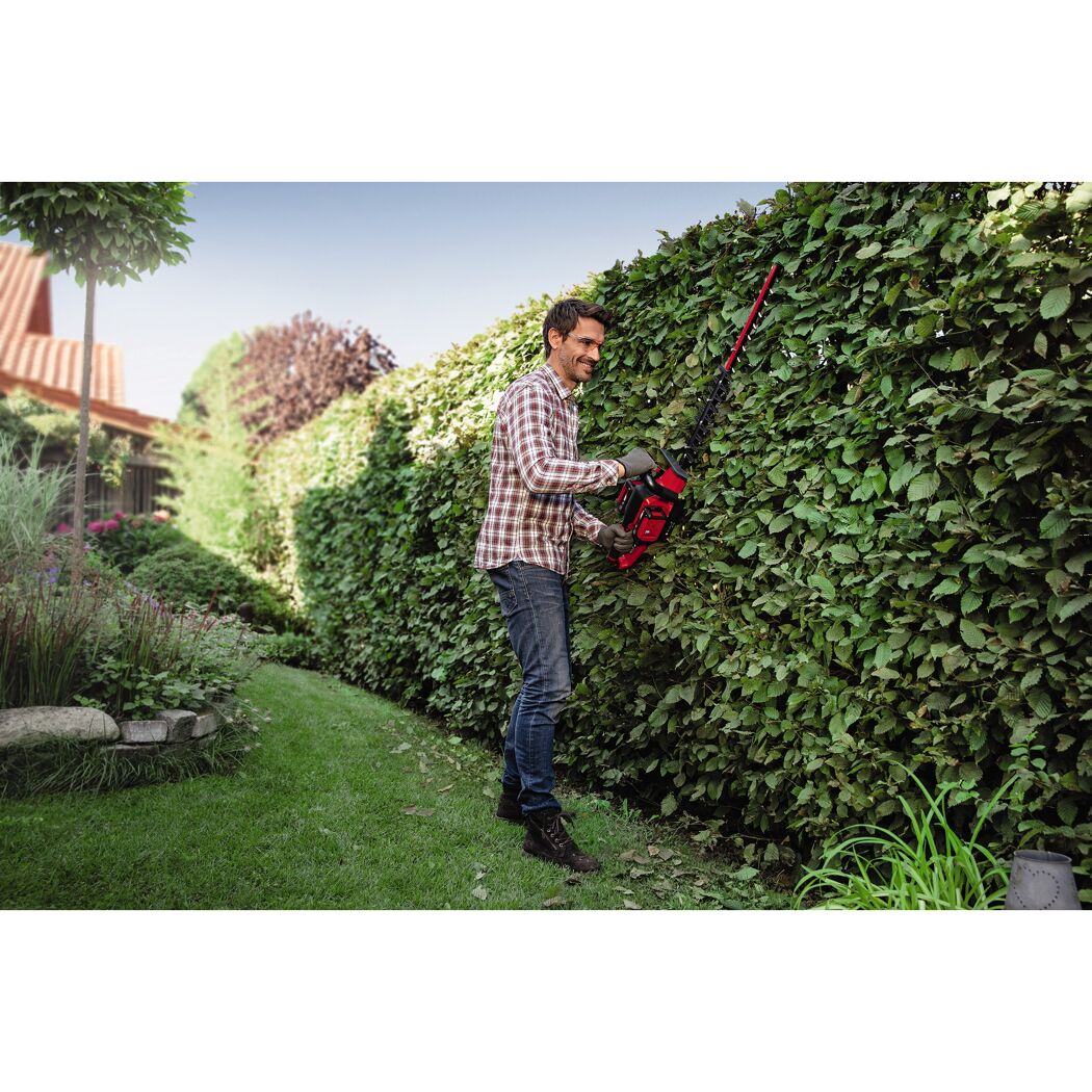 Person schneidet Hecke mit Akku-Heckenschere