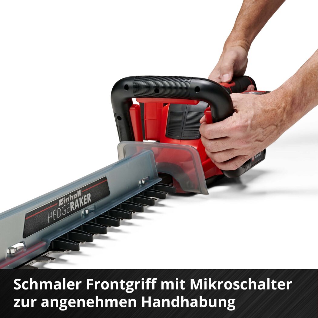 Person hält eine Einhell Akku-Heckenschere
