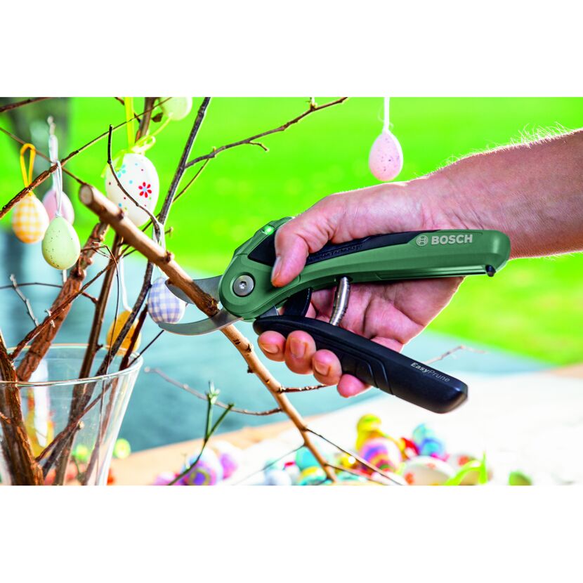 Person schneidet mit Akku-Gartenschere EasyPrune von Bosch einen Ast