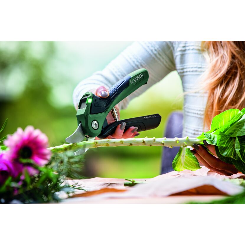 Person verwendet eine Akku-Gartenschere von Bosch.
