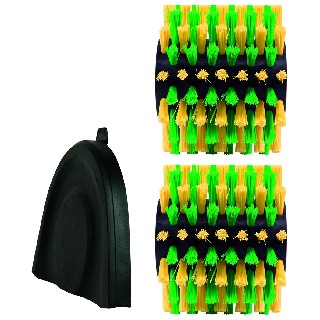 Zwei grüne und gelbe Bürsten und eine schwarze Schutzkappe