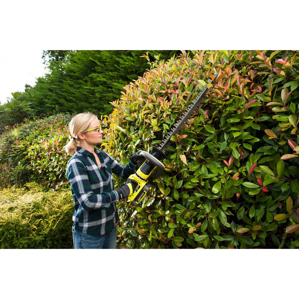 Person schneidet eine Hecke mit einer Akku-Heckenschere.