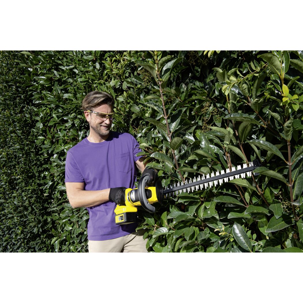 Person schneidet Hecke mit Akku-Heckenschere