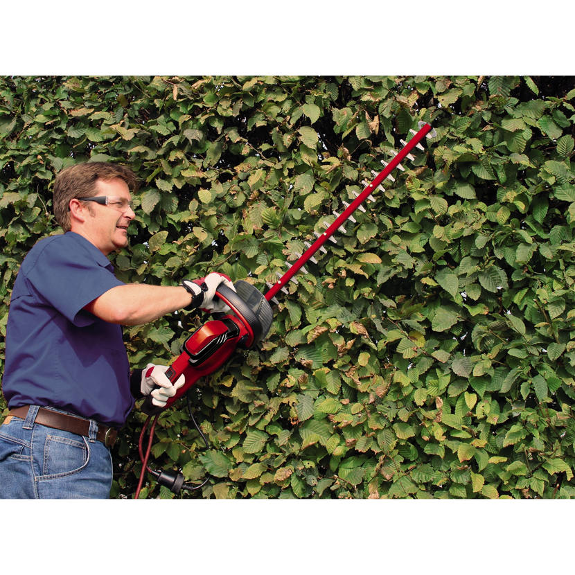 Person schneidet eine Hecke mit einer elektrischen Heckenschere.