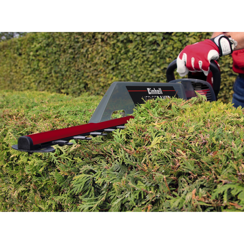 Person schneidet Hecke mit Einhell Heckenschere