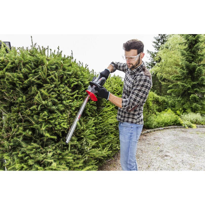Person schneidet eine Hecke mit einer Heckenschere.