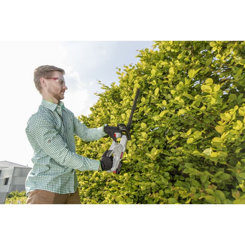 Person schneidet Hecke mit Akku-Heckenschere