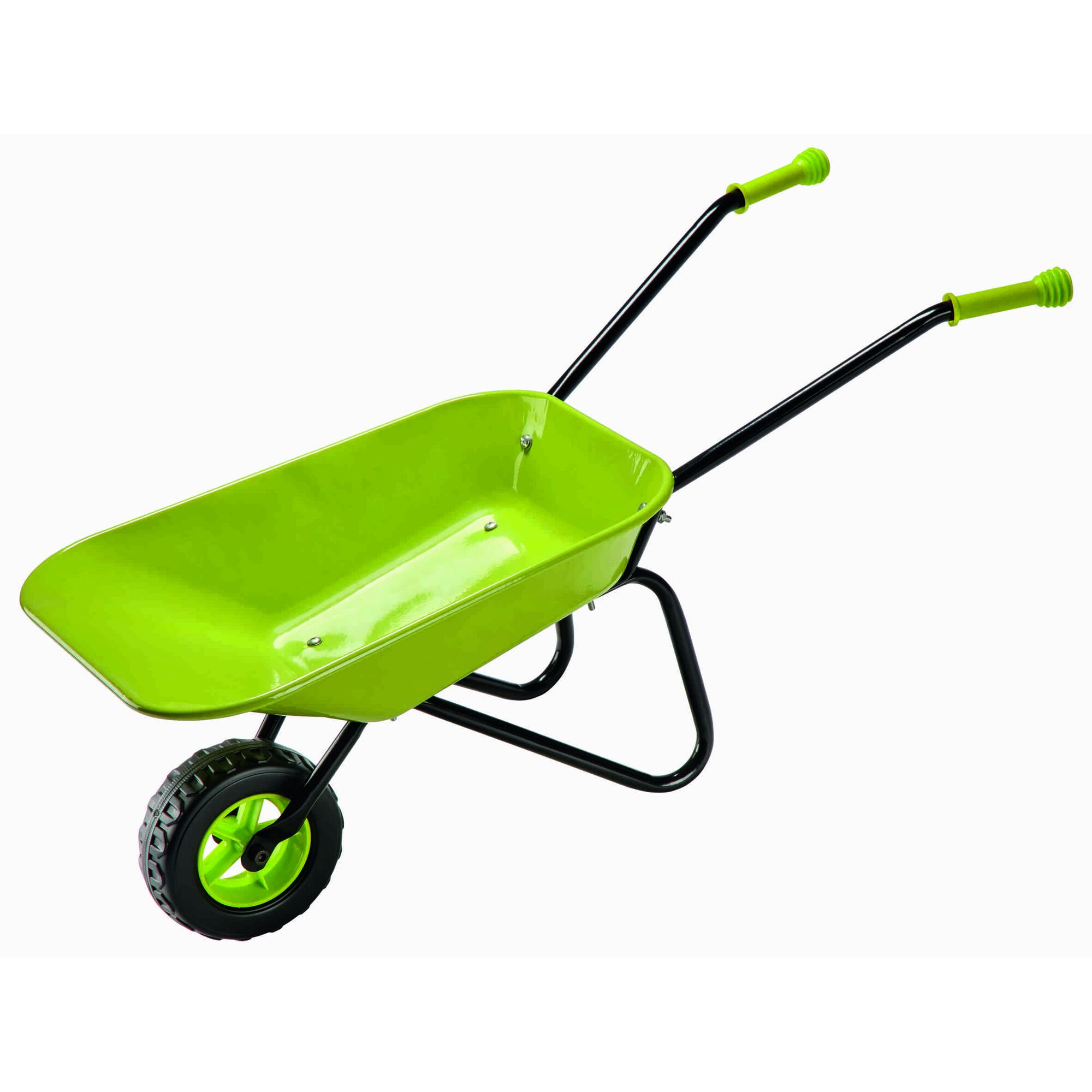 Grüne Kinderschubkarre mit einem Rad.