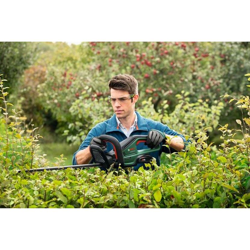 Person schneidet eine Hecke mit einer Heckenschere