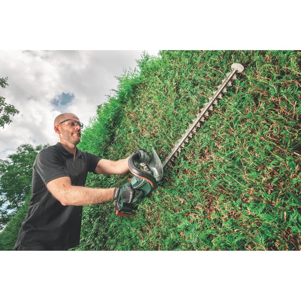 Person schneidet Hecke mit Heckenschere