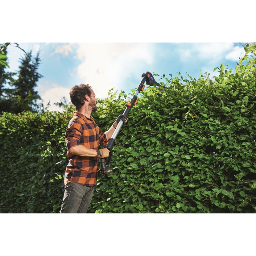 Person schneidet Hecke mit Teleskop-Heckenschere