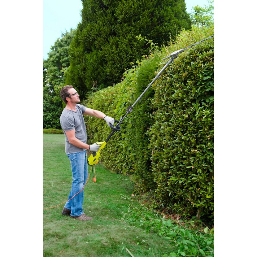 Person schneidet Hecke mit Heckenschere