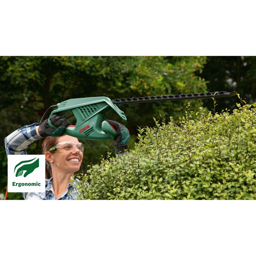 Person schneidet Hecke mit elektrischer Heckenschere