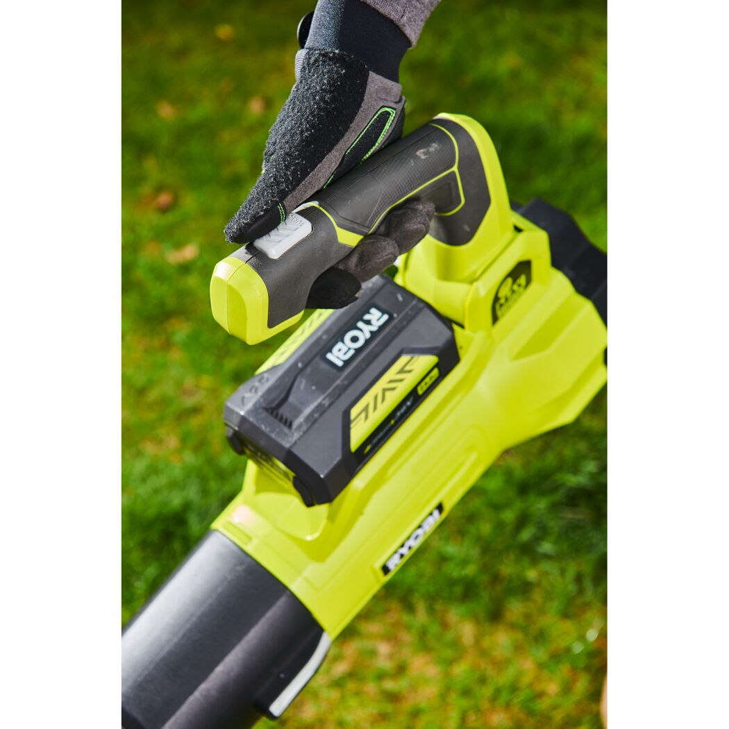 Person hält einen Laubbläser von Ryobi.