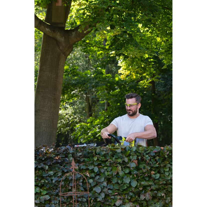 Person schneidet Hecke mit Akku-Heckenschere