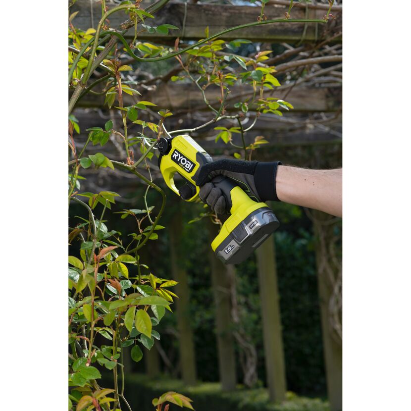 Person schneidet mit der Akku-Gartenschere von Ryobi eine Pflanze.