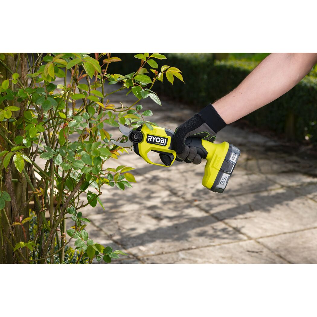 Person schneidet eine Pflanze mit der Akku-Gartenschere RYOBI.