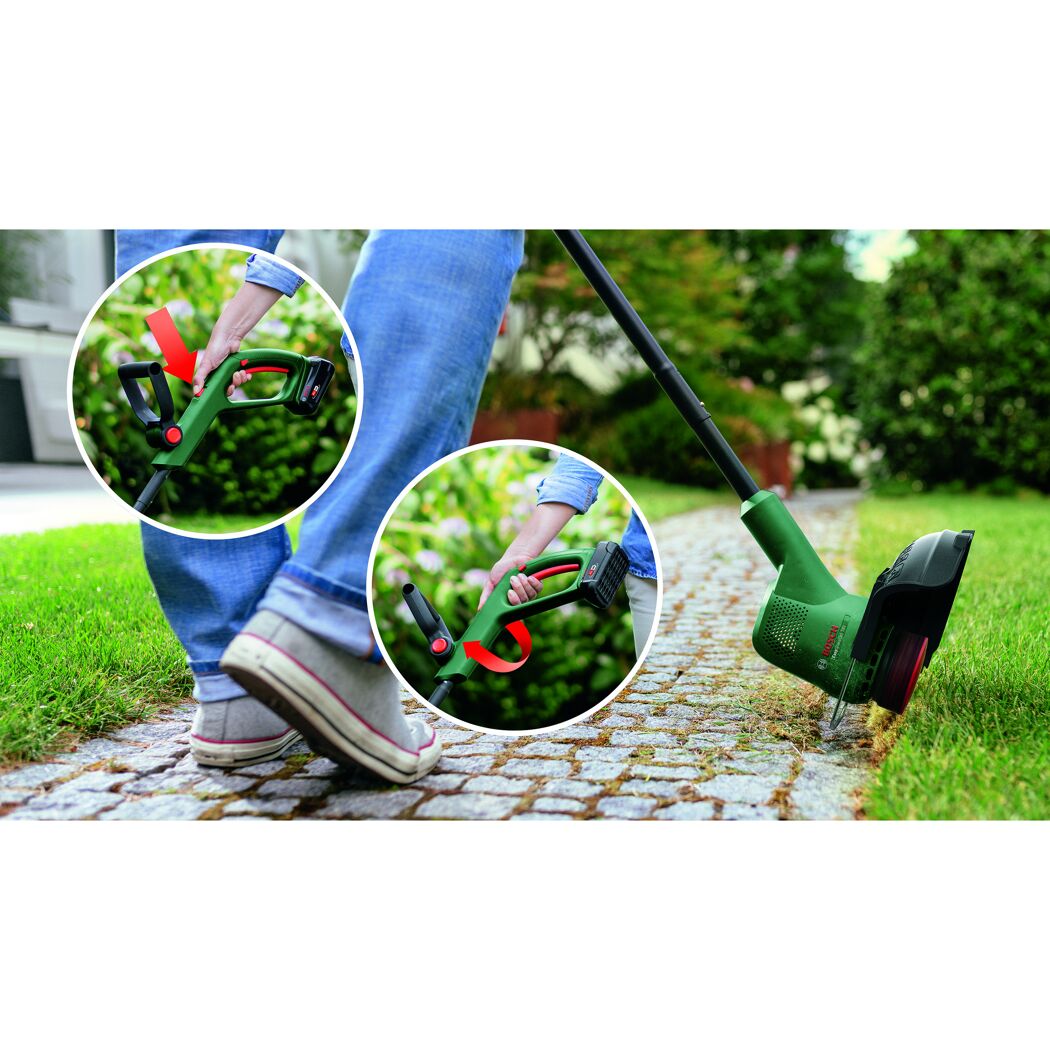 Person verwendet den Rasentrimmer EasyGrassCut 18 von Bosch.