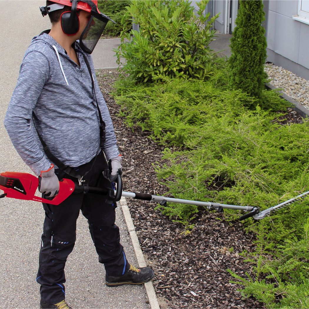 Person schneidet Hecke mit einer Einhell Akku-Heckenschere